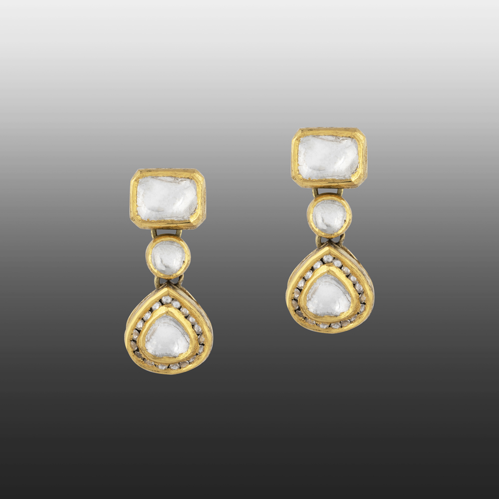 Geometric Polki Earrings with Square, Round & Teardrop Polki